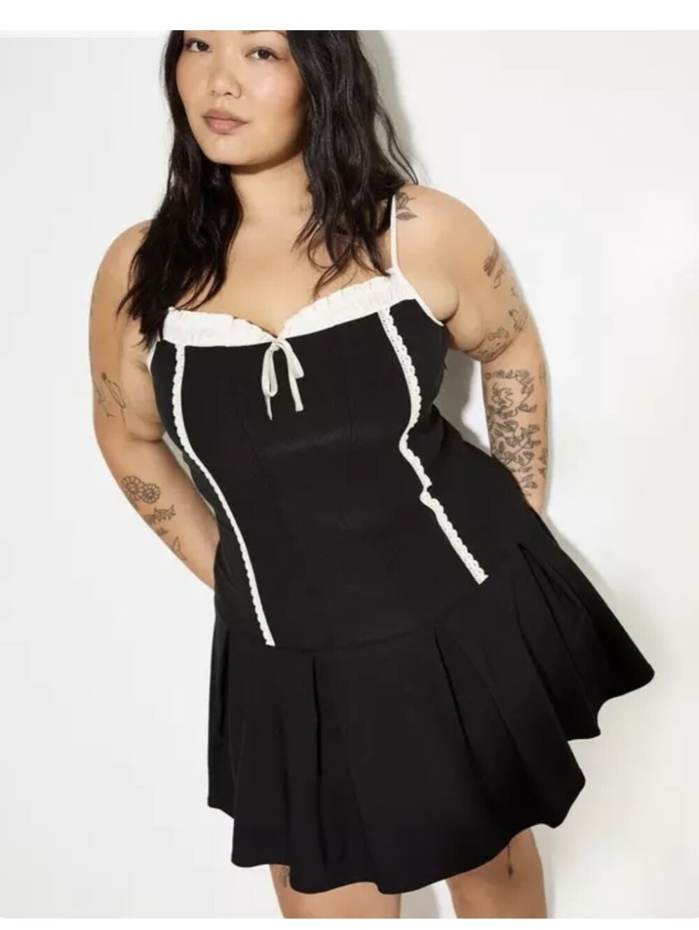 Torrid - Lovesick - Black Mini Dress with Cream Lace Trim and Tie